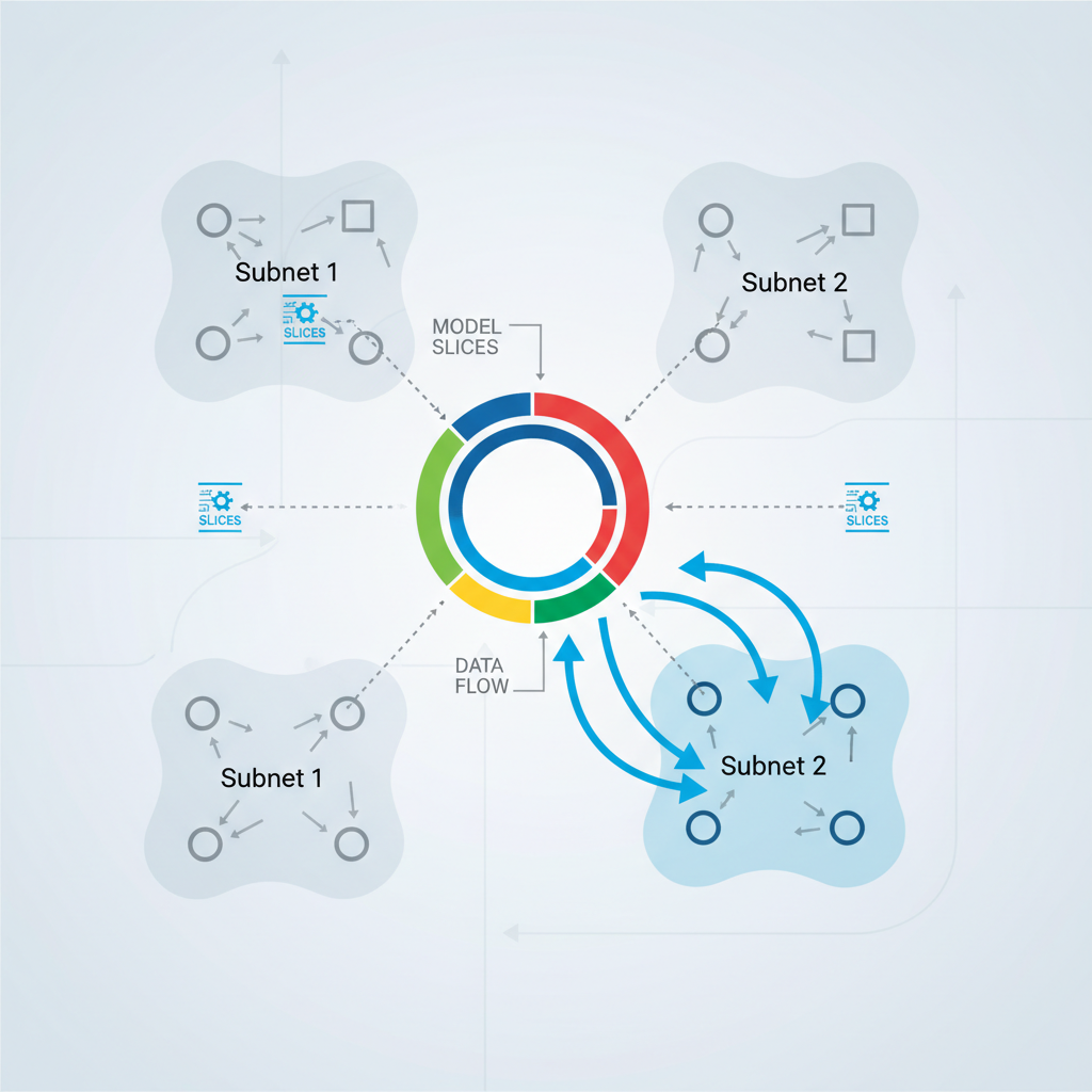 Model slices distributing to network nodes on map, Subnet 2 highlighted, data flow arrows