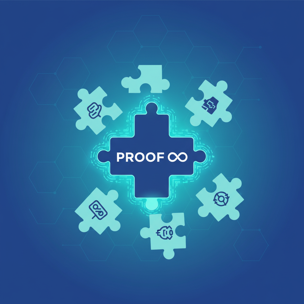 Proof fragments merging into one proof, puzzle pieces fitting, blockchain glow