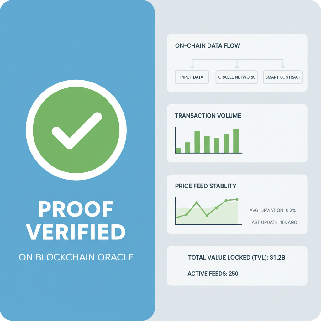 Proof verified on blockchain oracle, green checkmark, on-chain dashboard with stats