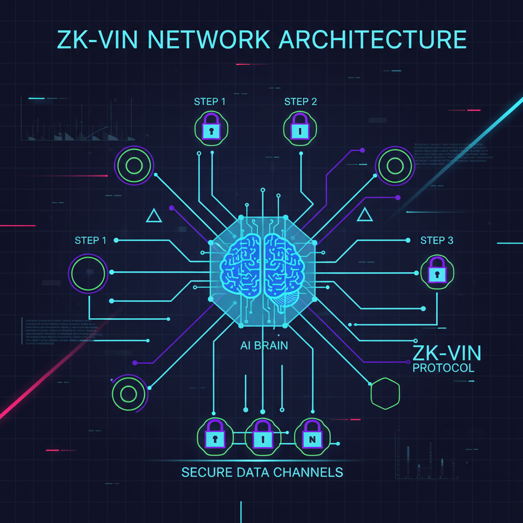 abstract diagram of ZK-VIN network with AI brain and lock icons, cyberpunk style