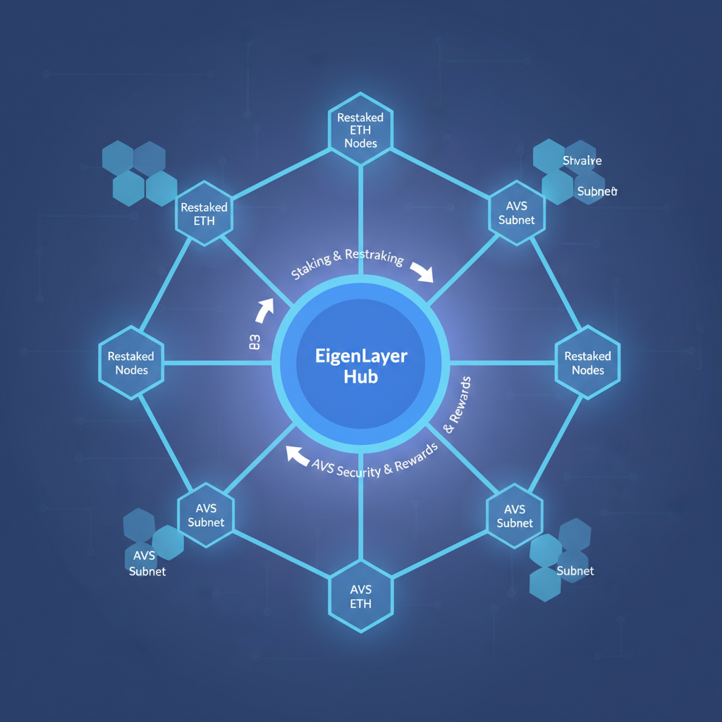 EigenLayer ecosystem with restaked ETH nodes and AVS subnets glowing blue