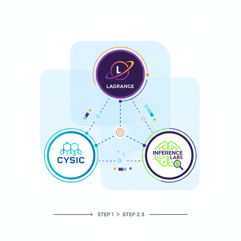 partnership logos Cysic Lagrange Inference Labs connected in network, futuristic alliance