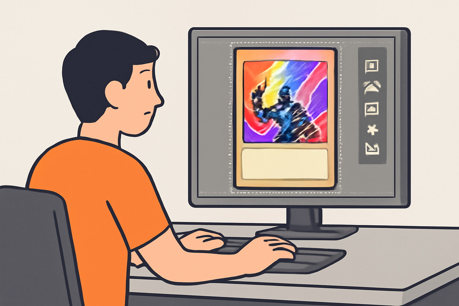 A digital artist editing a trading card image on a computer, adding vibrant backgrounds and effects