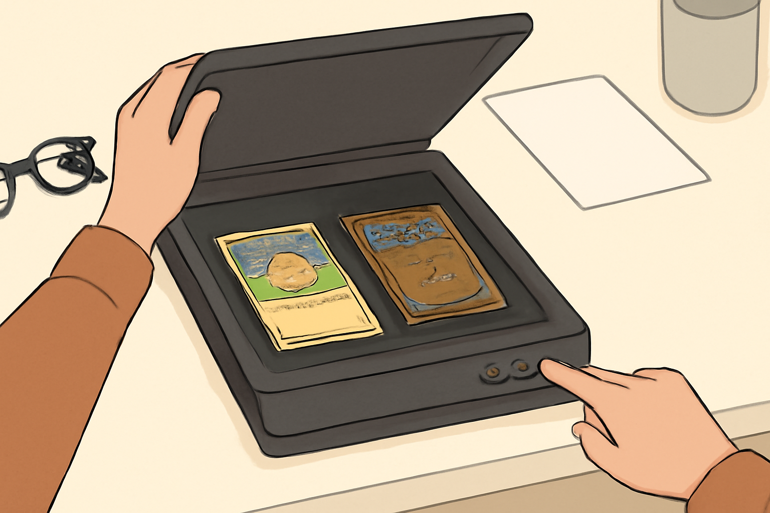 A person using a scanner or camera to digitize Pokémon and Magic cards on a clean desk, well-lit, high detail