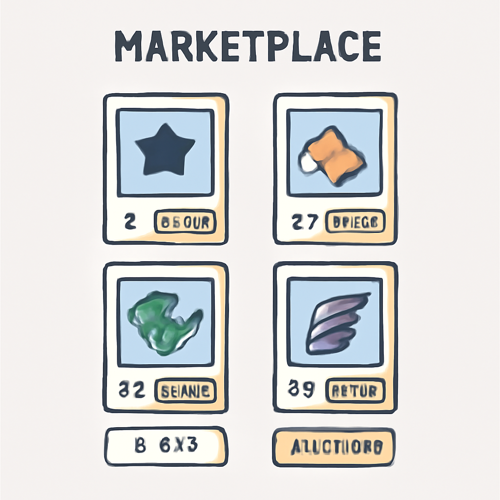 A digital marketplace interface showing trading cards listed for sale, with price tags and auction buttons