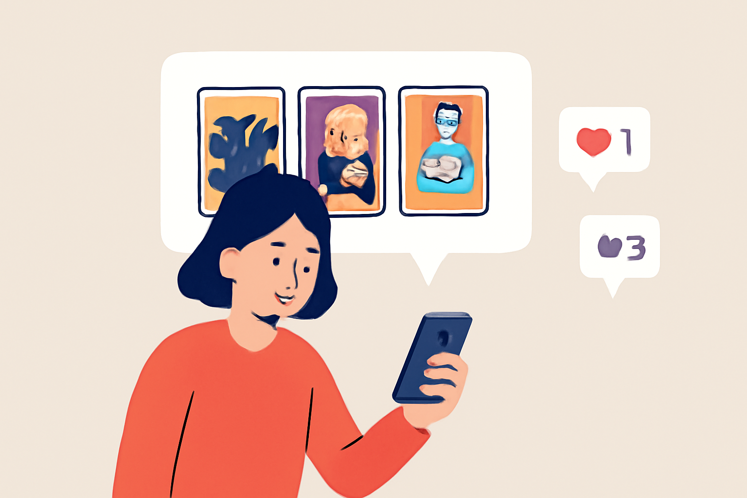 A person sharing trading card NFTs on social media platforms, with likes and comments appearing