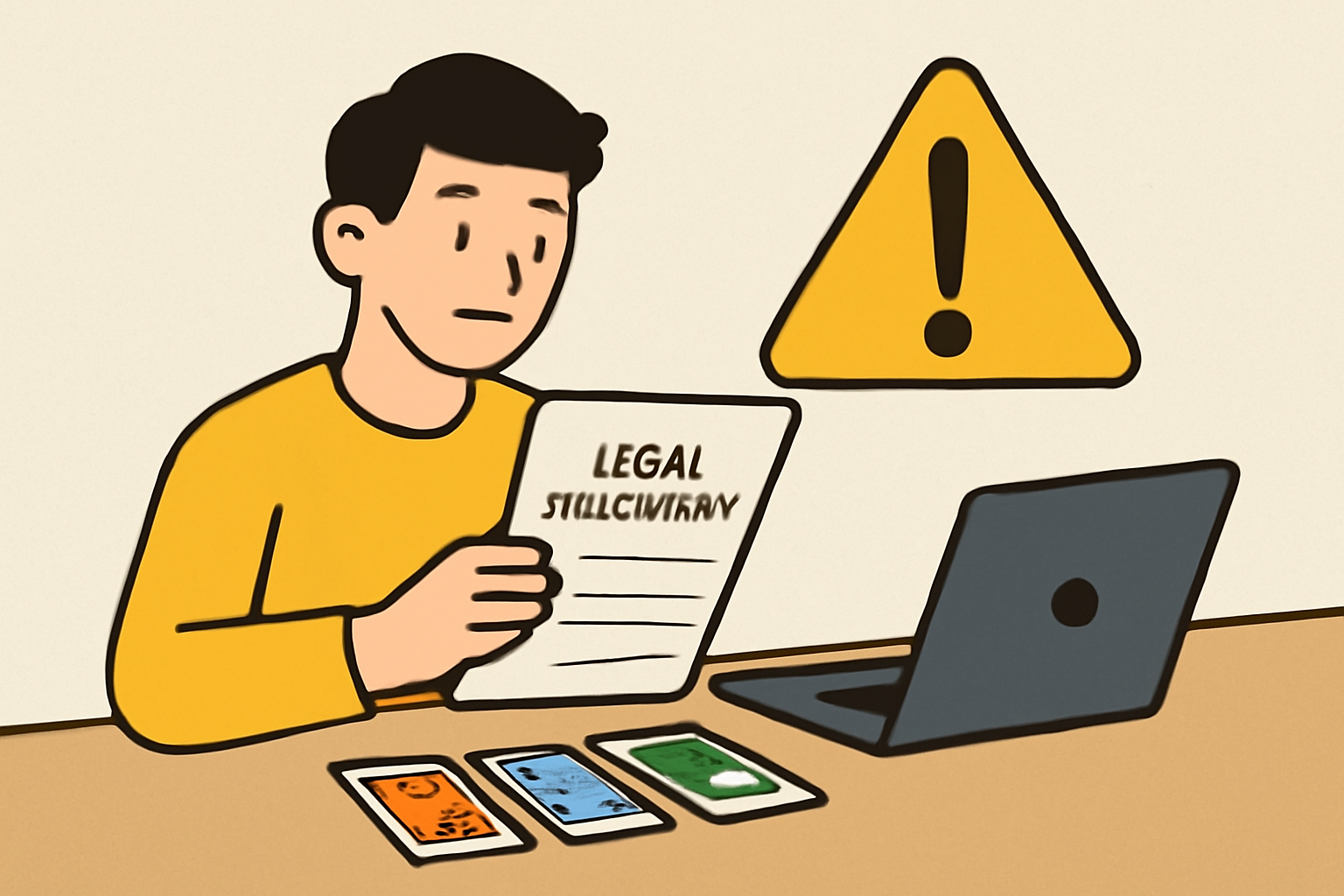 A collector reading legal documents next to trading cards and a laptop, with a caution symbol