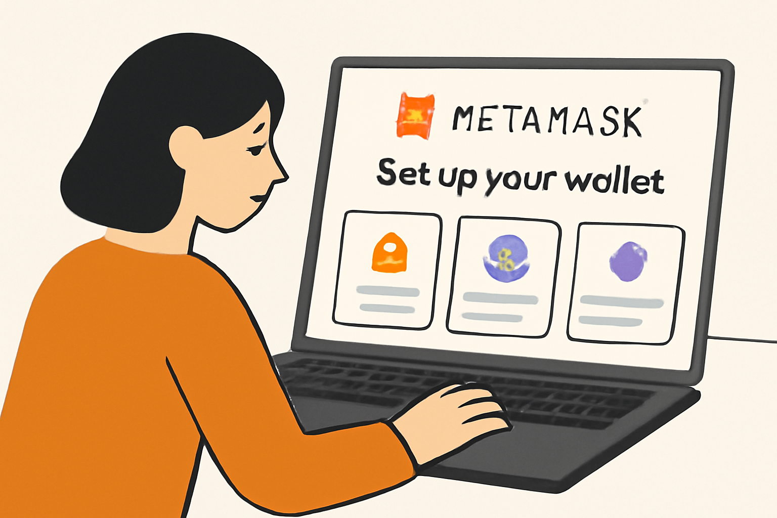 A user setting up a MetaMask wallet on their laptop, with digital cards displayed on screen