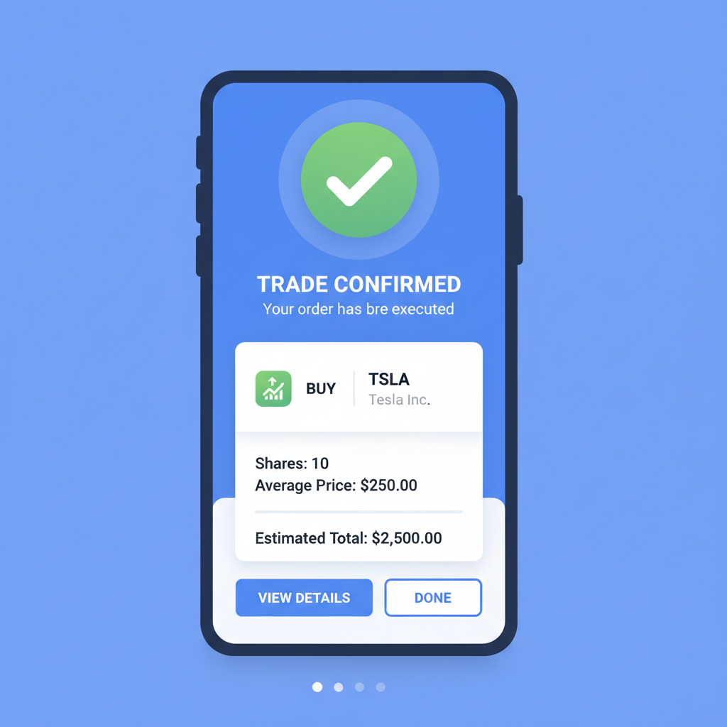 Fidelity app order confirmation screen, green success checkmark, trade details summary