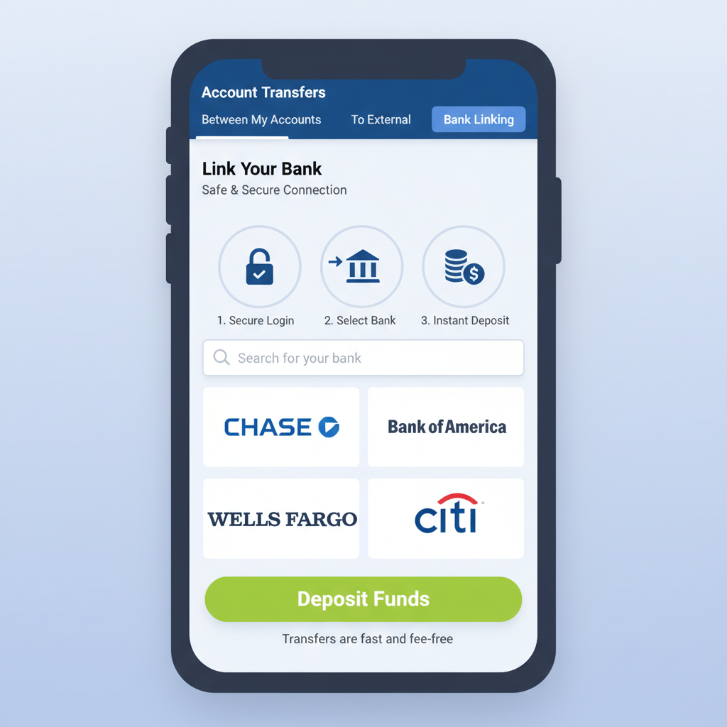 Fidelity app screen displaying account transfers section, bank linking interface, green deposit button