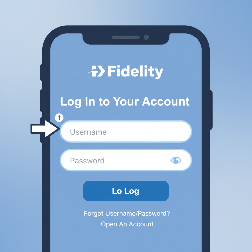 mobile phone screen showing Fidelity app login page, clean blue interface, beginner friendly