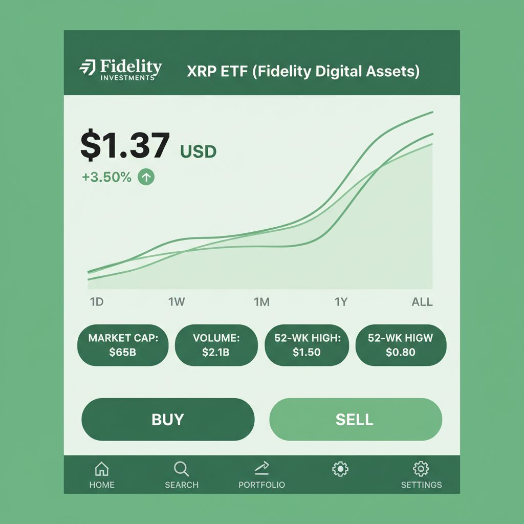 Fidelity app stock quote page for XRP ETF, price chart at $1.37, stats panel, vibrant green