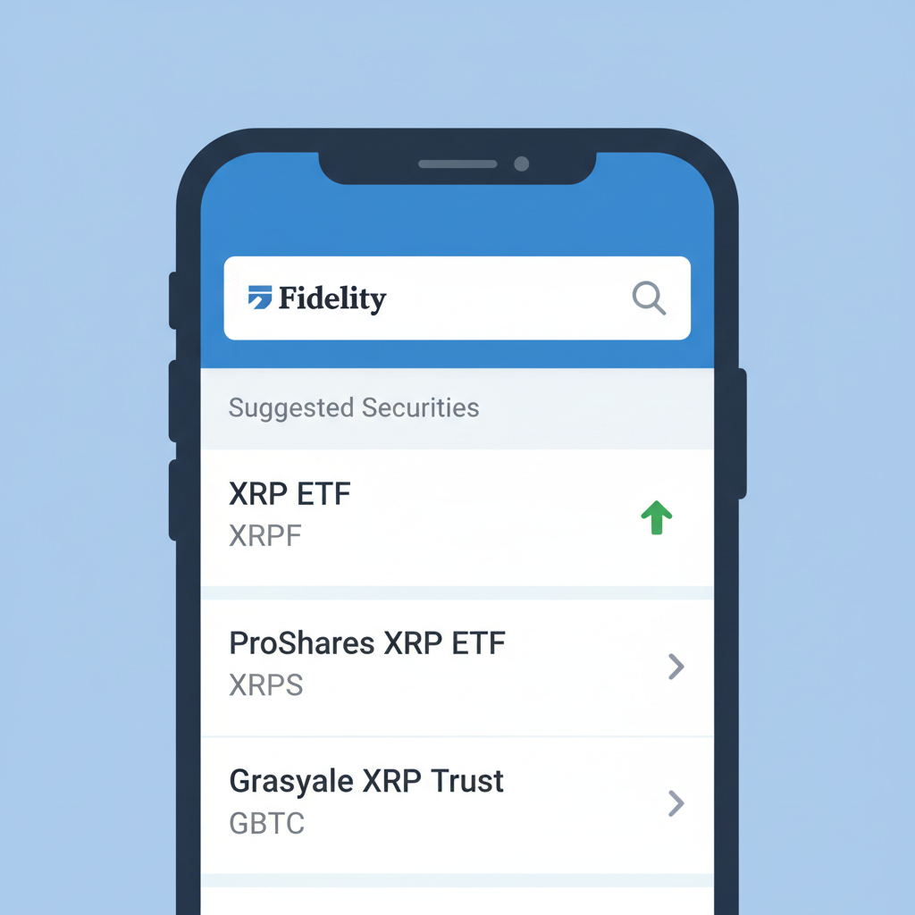 Fidelity app search bar with 'XRP ETF' typed, results showing ETF tickers, mobile UI
