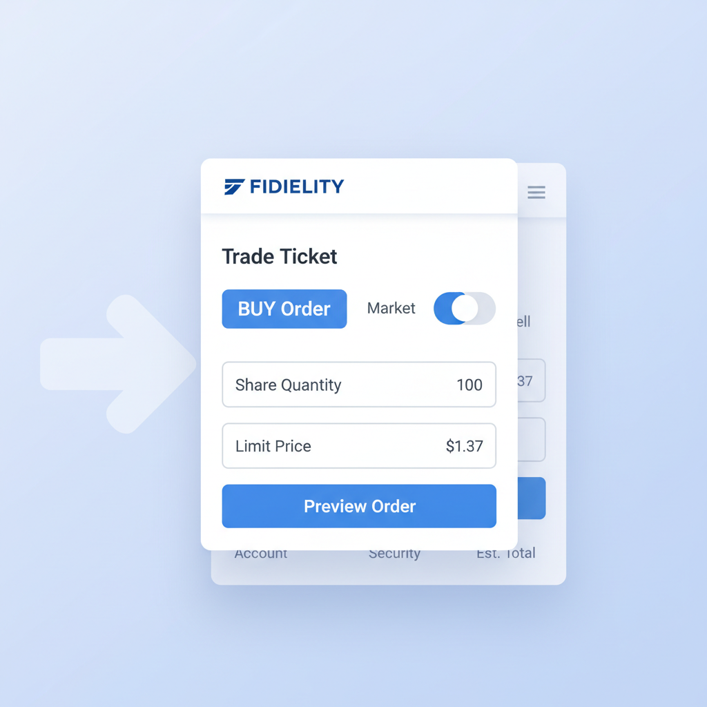 Fidelity trade screen with buy order, market/limit options, share quantity input, $1.37 price