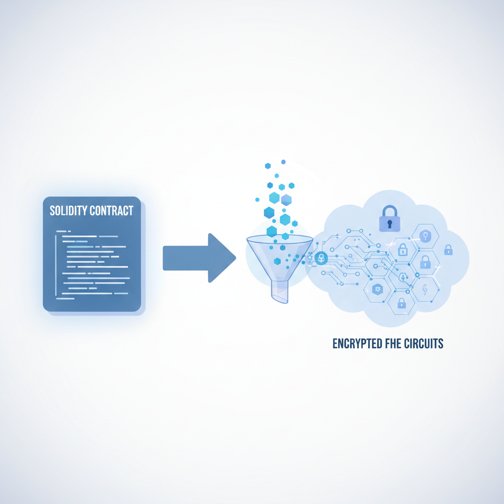 solidity code compiling into encrypted FHE circuits, blue particles