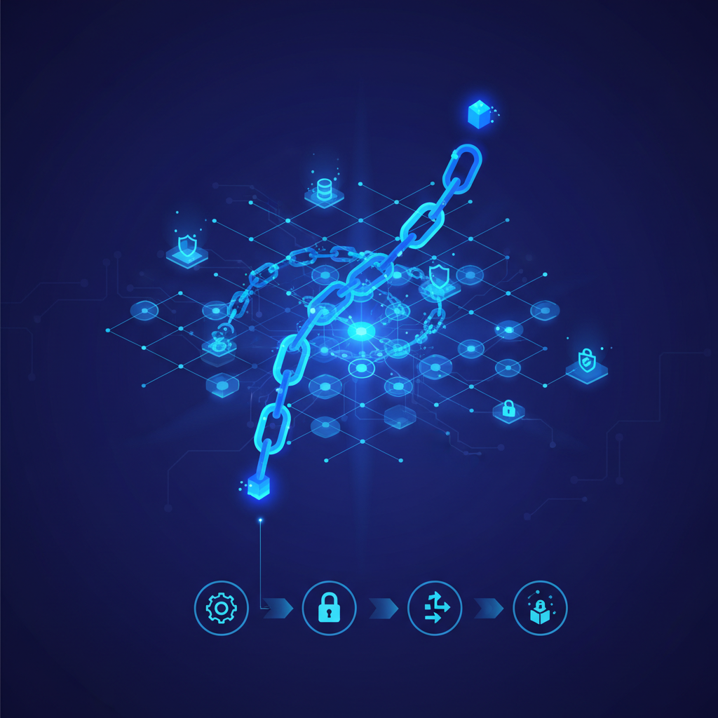 neon blue encrypted chain deploying on futuristic blockchain network