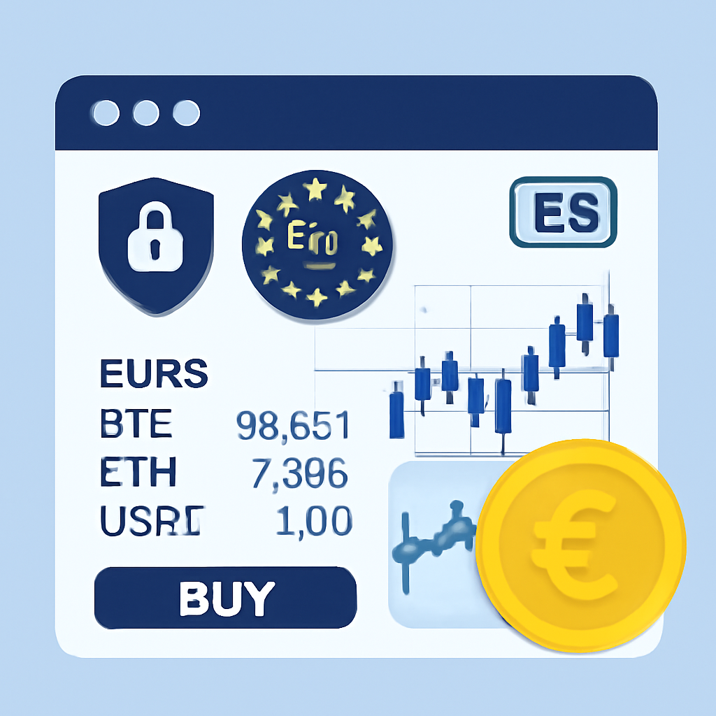A modern, secure European crypto exchange interface displaying EURS trading pairs, with EU regulatory symbols and a euro coin motif.