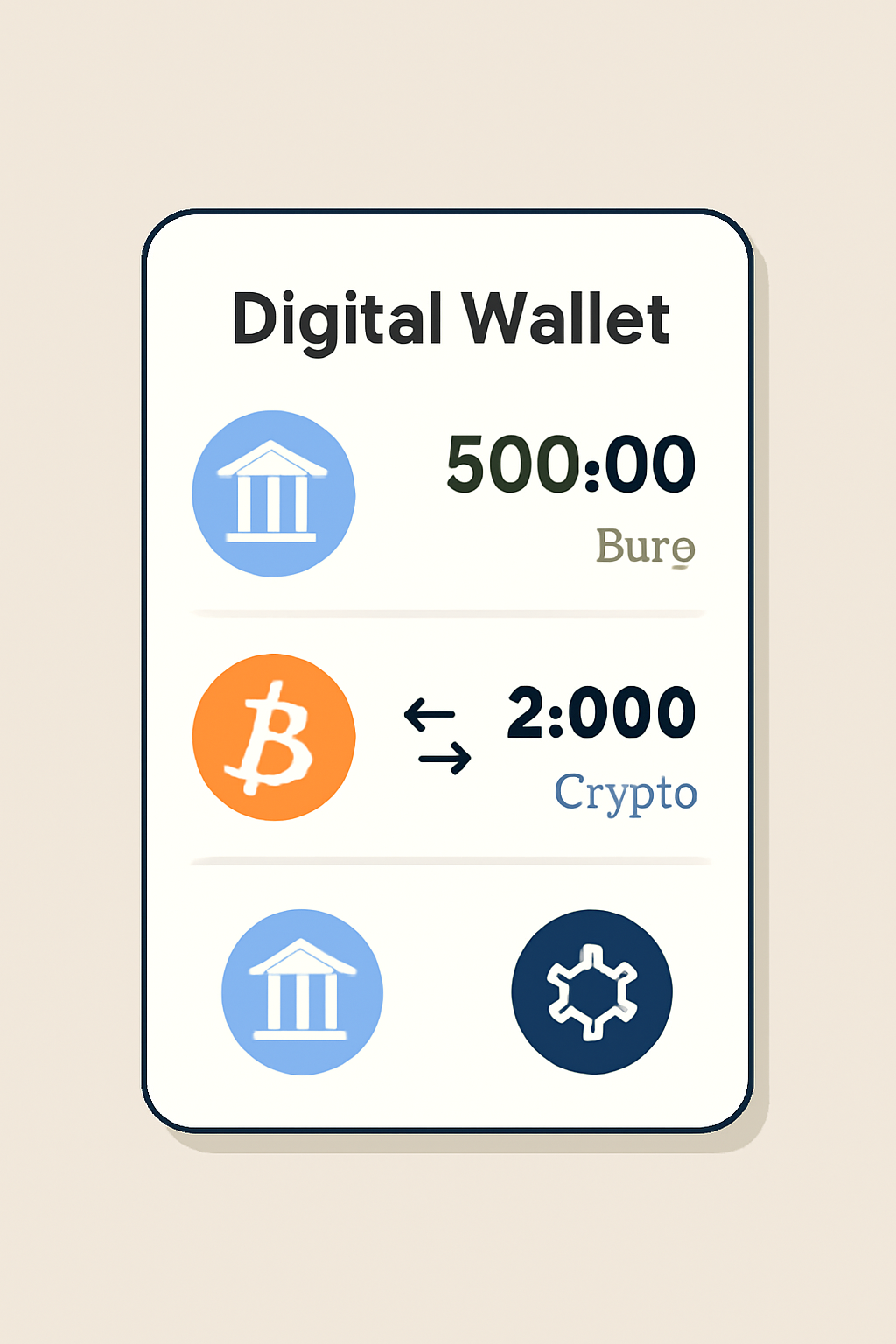 A digital wallet interface showing euro and crypto balances ready for exchange, with a bank and blockchain icons.