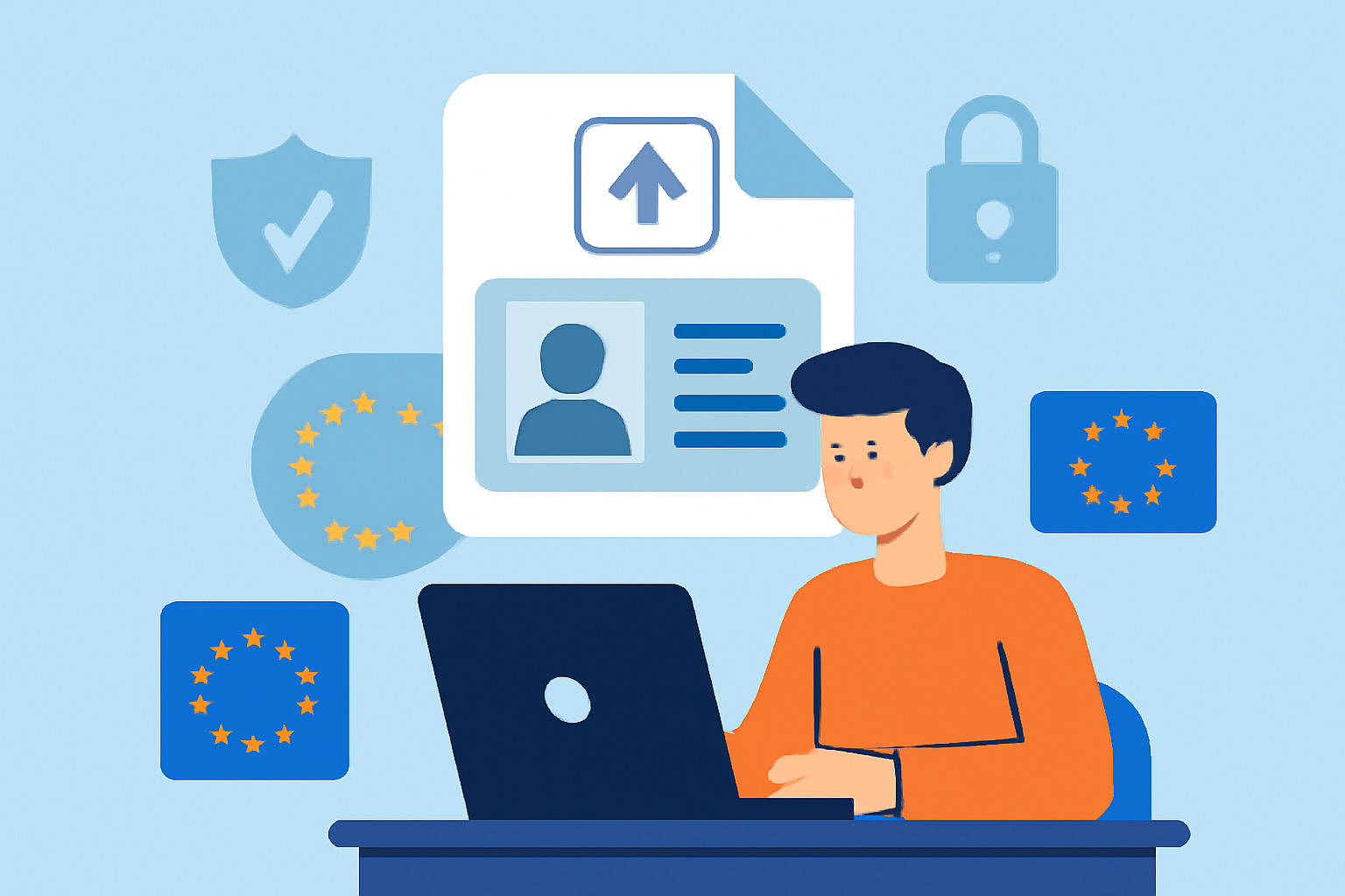 A user uploading identification documents on a digital platform, with security icons and European flags in the background.
