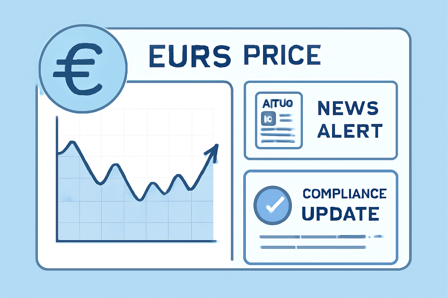 A dashboard showing EURS price movements, news alerts, and compliance updates, with a euro sign and news icons.
