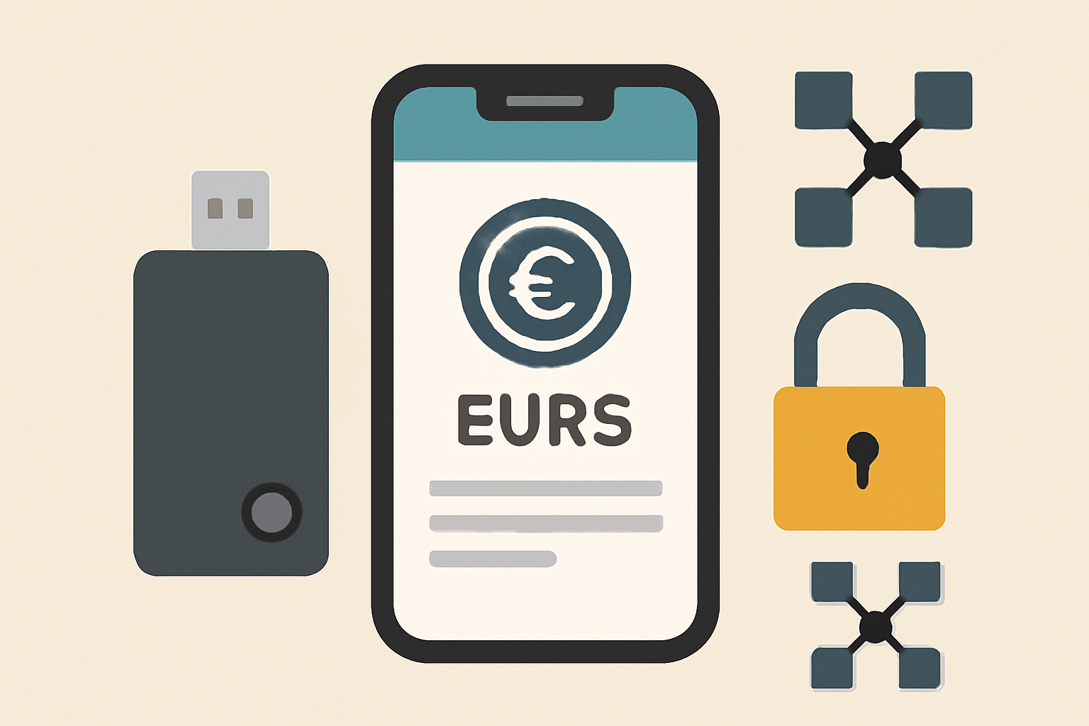 A hardware wallet and a mobile wallet app displaying EURS tokens, with a secure lock and blockchain network logos.