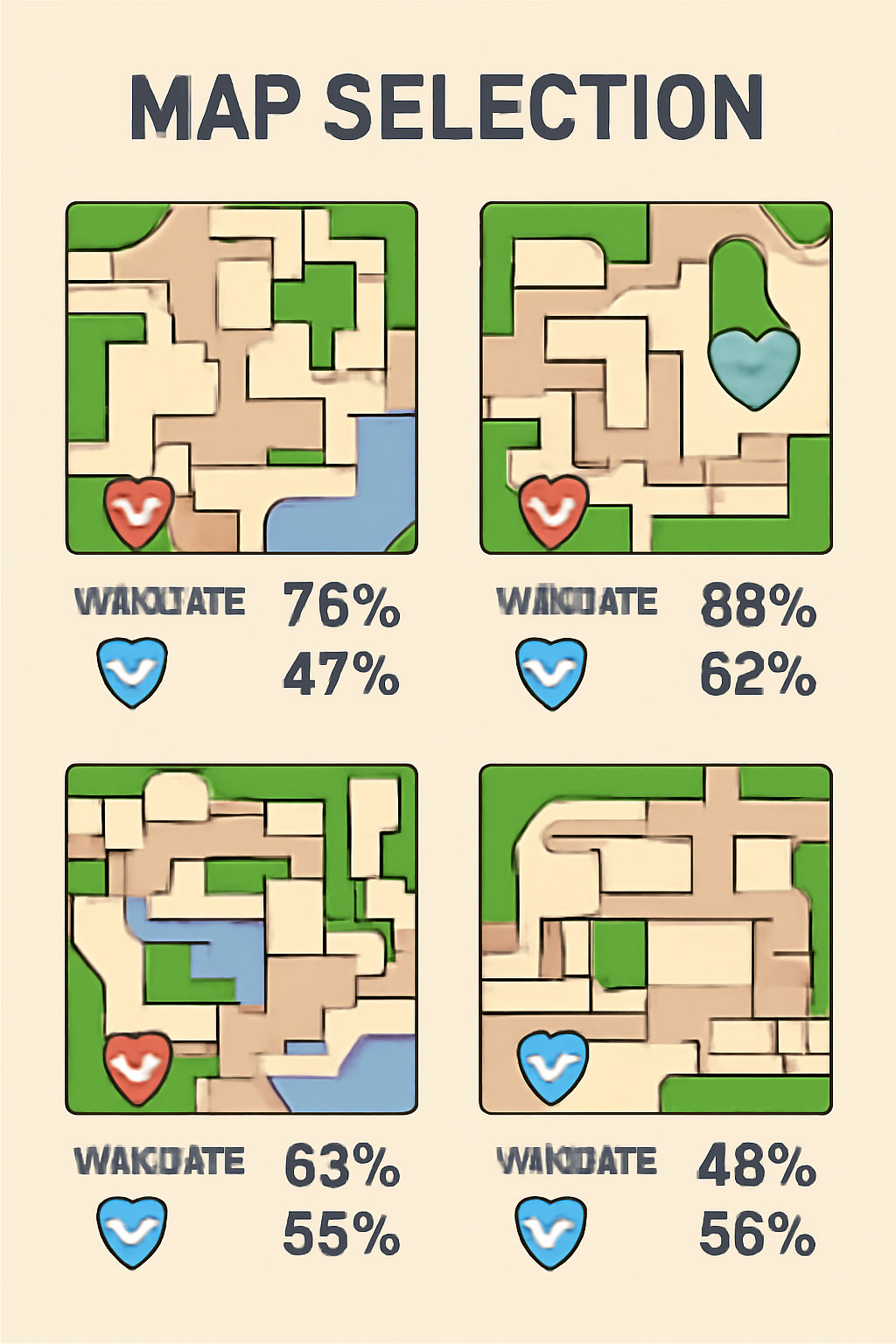 A stylized map selection screen from an esports game, with win rates and team logos overlaid on different maps.