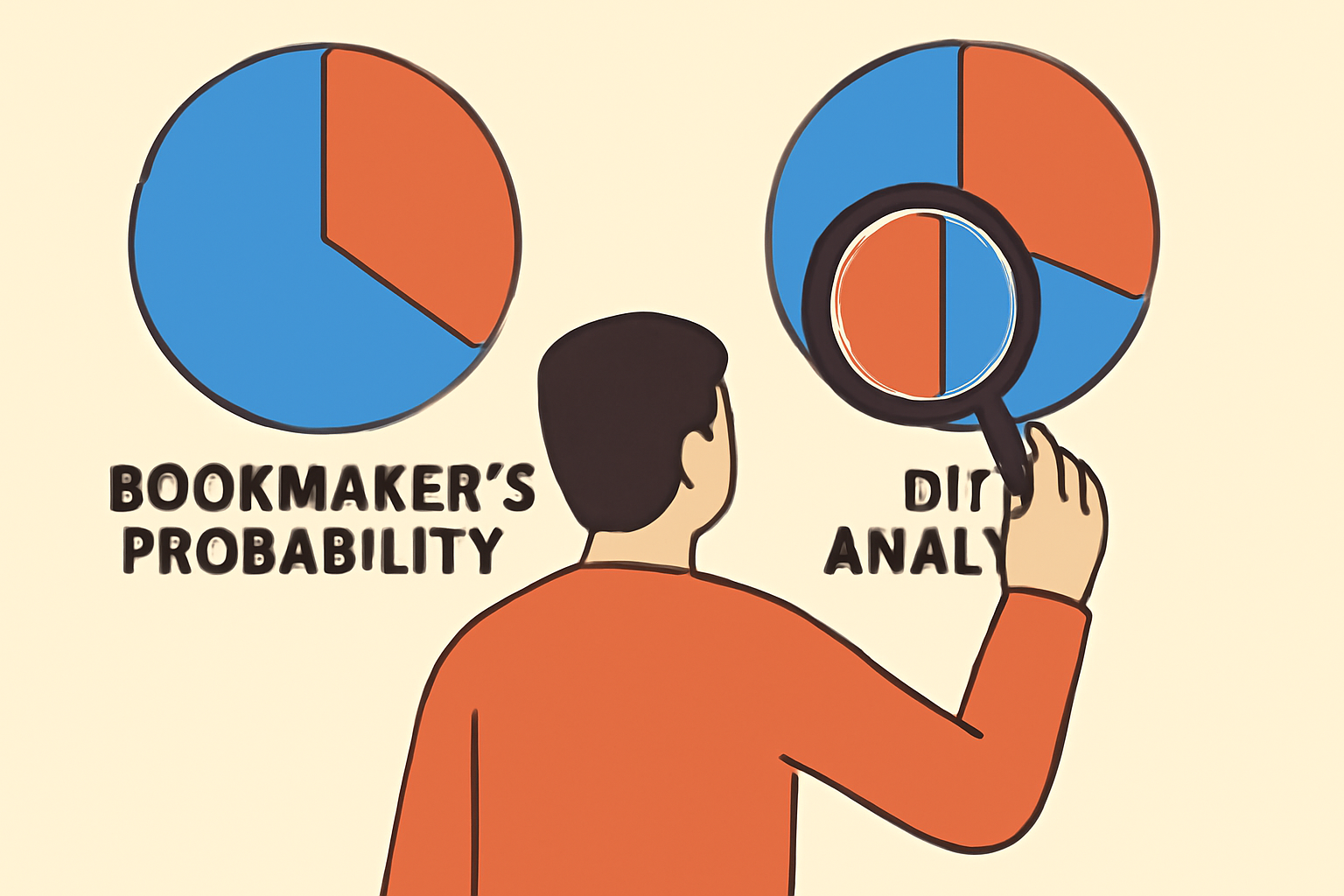a person comparing two charts: one labeled 'Bookmaker's Probability' and one 'My Analysis', with a magnifying glass over the difference