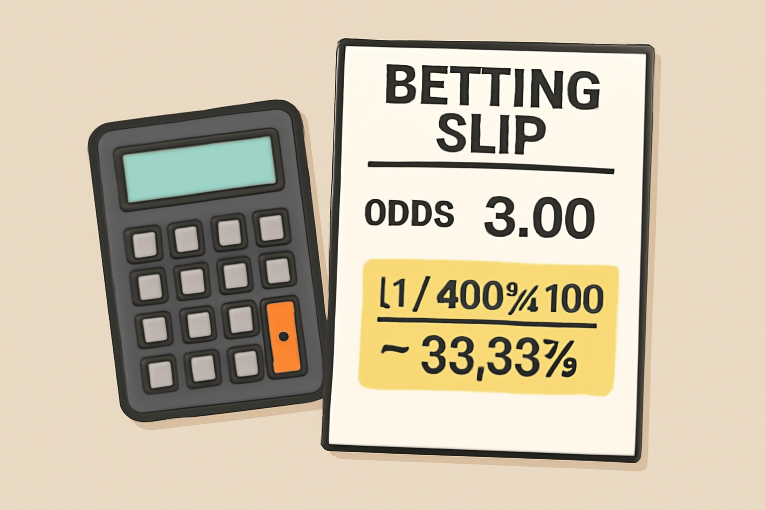 a calculator and a betting slip showing decimal odds of 3.00, with the formula (1/3.00)*100 = 33.33% highlighted