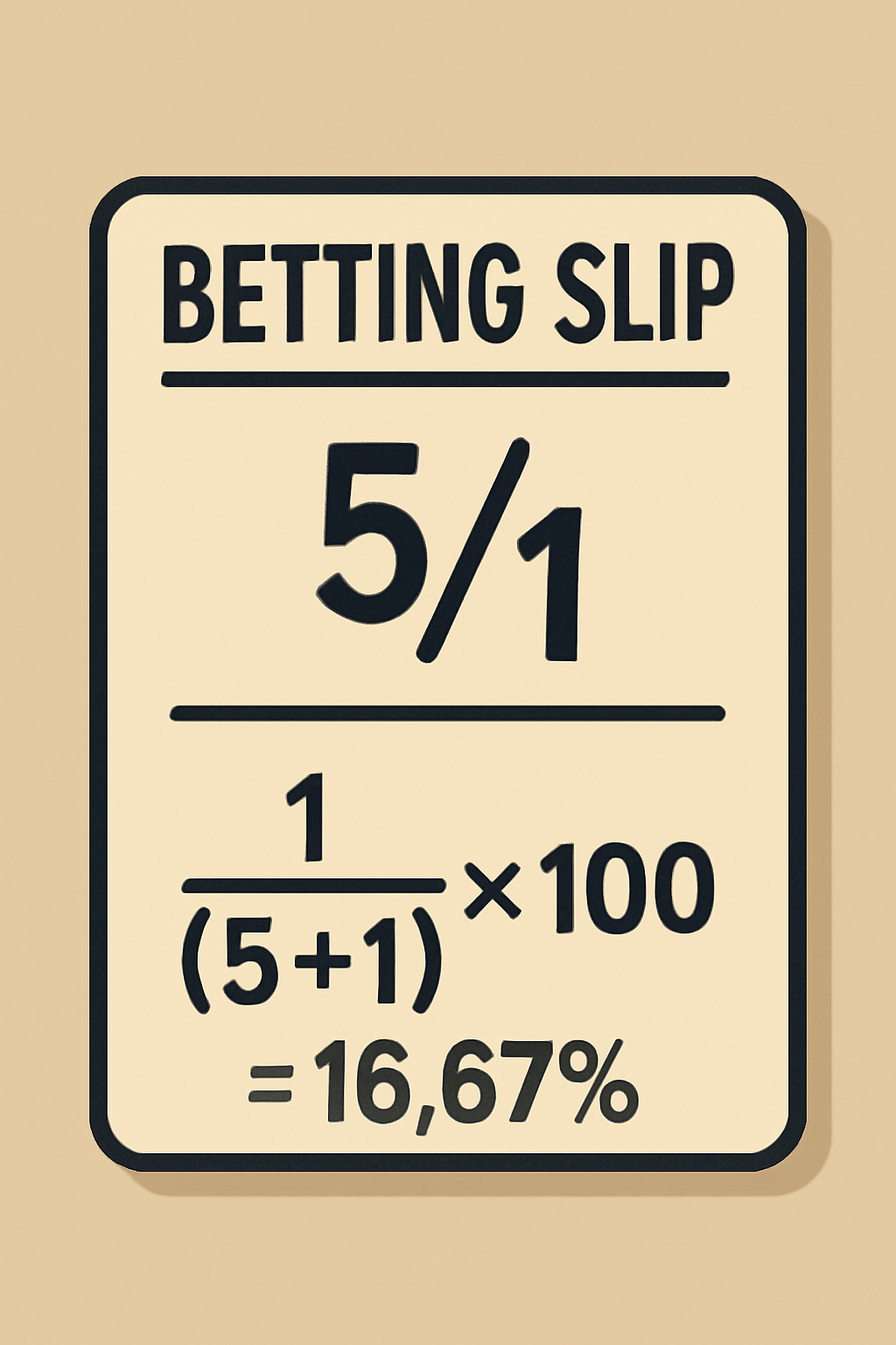 a betting slip with 5/1 odds, a simple fraction bar, and the formula 1/(5+1)*100=16.67% clearly shown