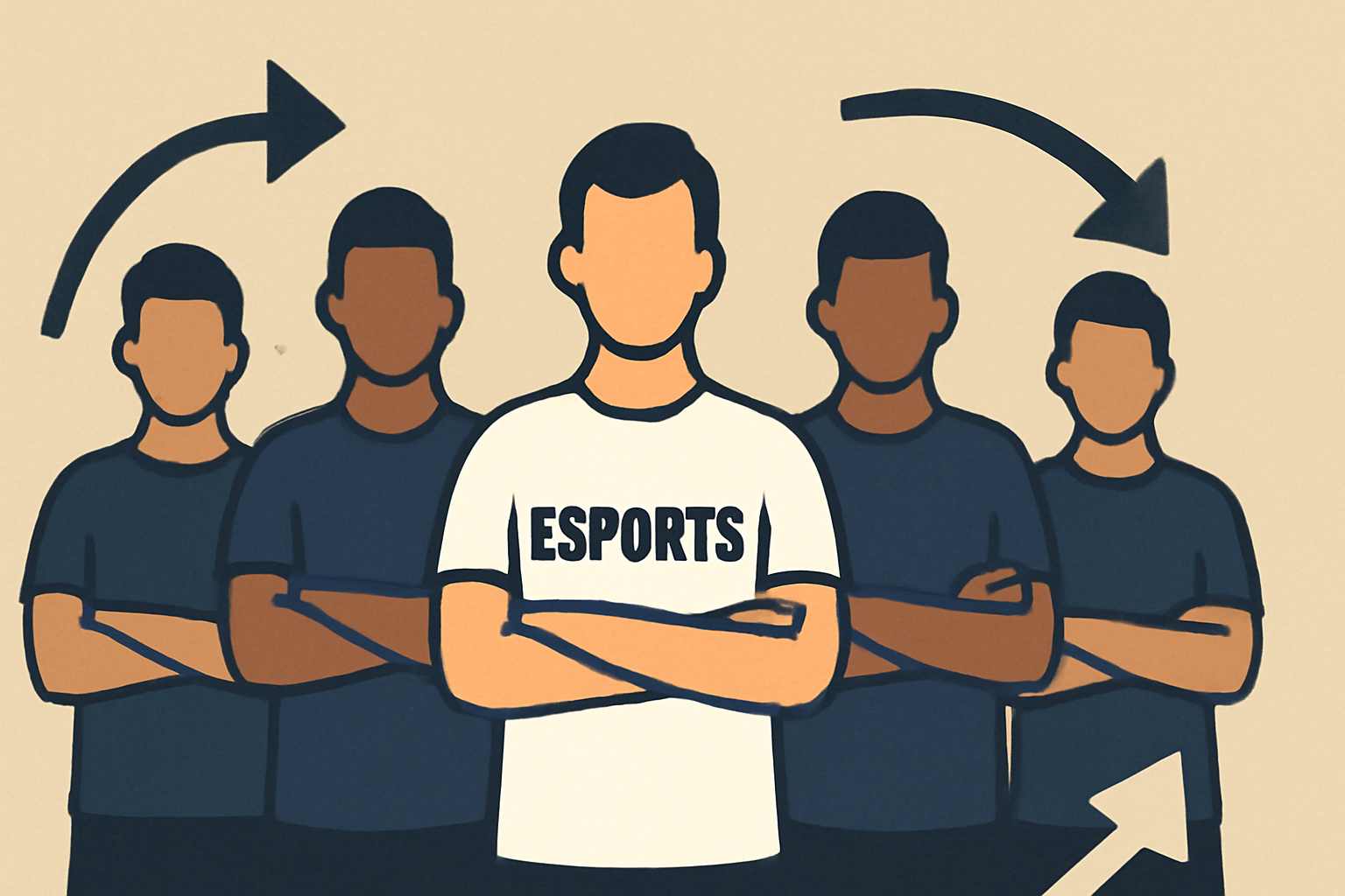 A stylized esports team photo with one player highlighted and arrows showing players moving in and out of the lineup.