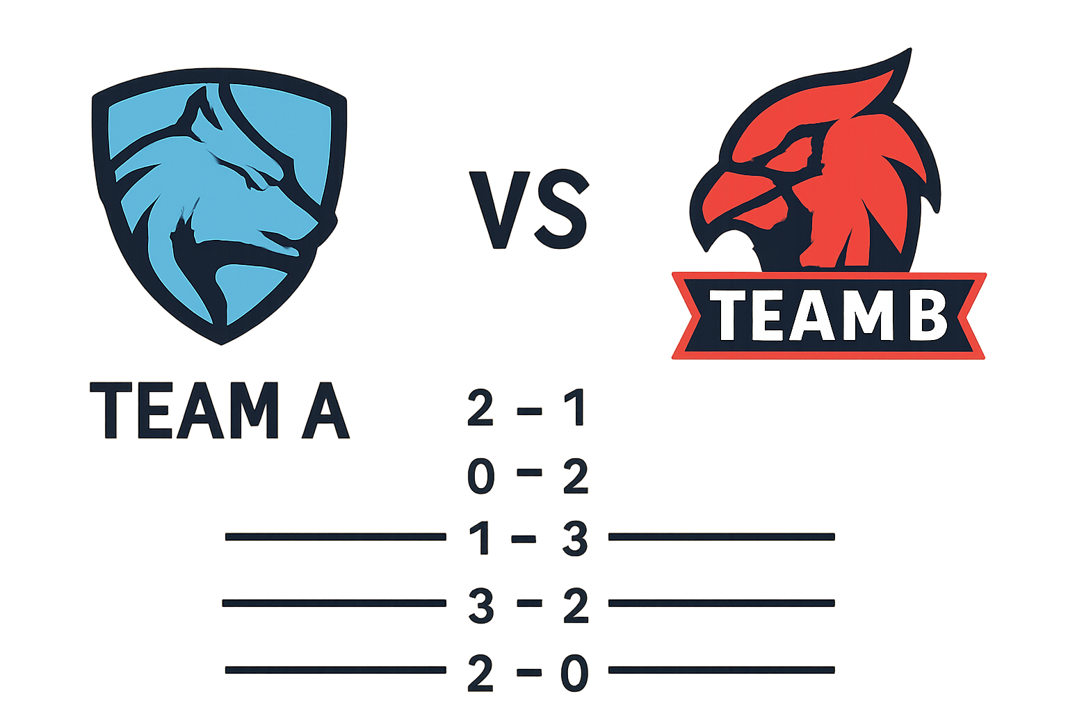 Two esports team logos facing off with a timeline of previous match results between them.
