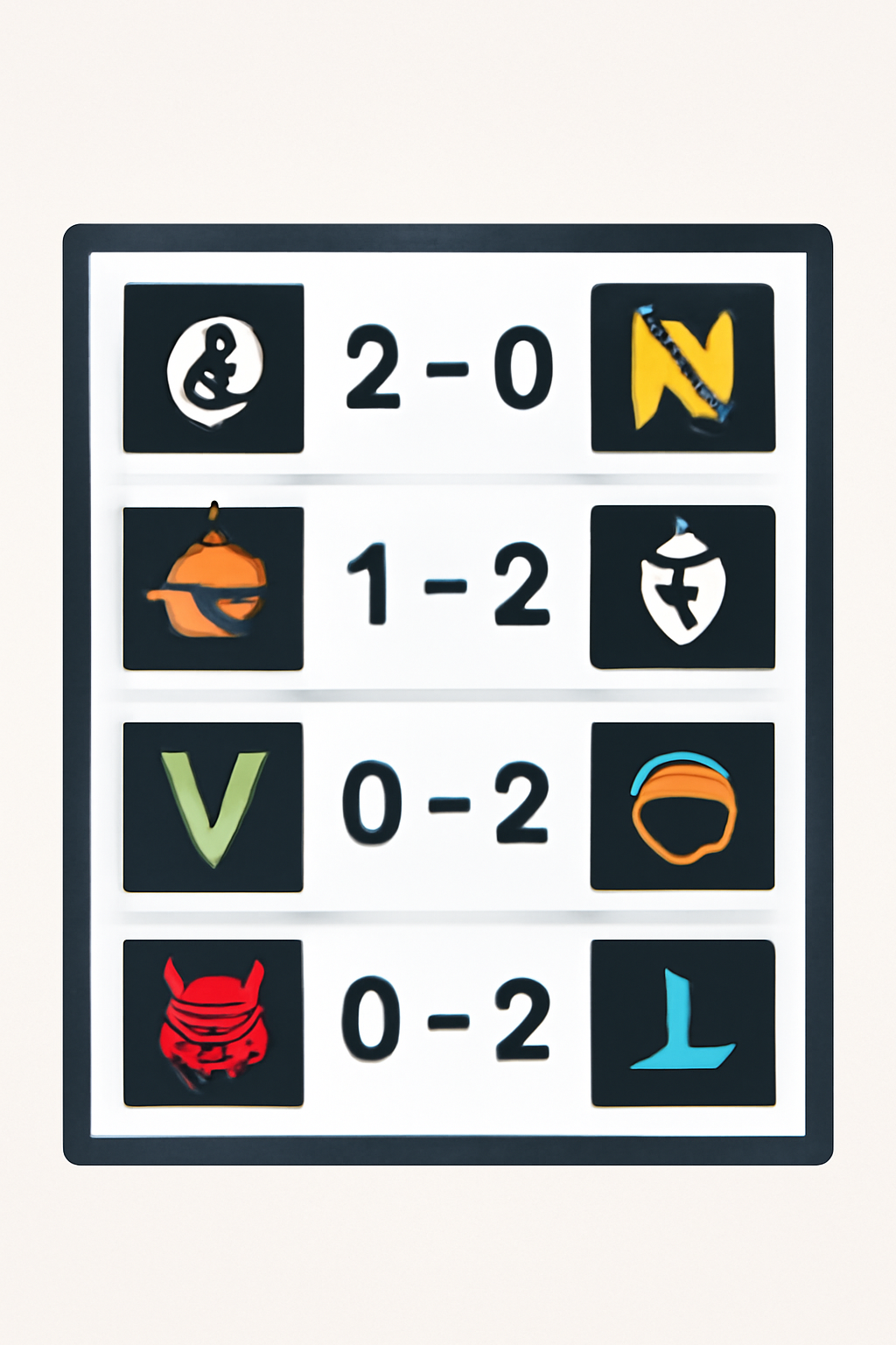 A digital scoreboard showing recent esports match results and team logos, with upward and downward arrows indicating form trends.