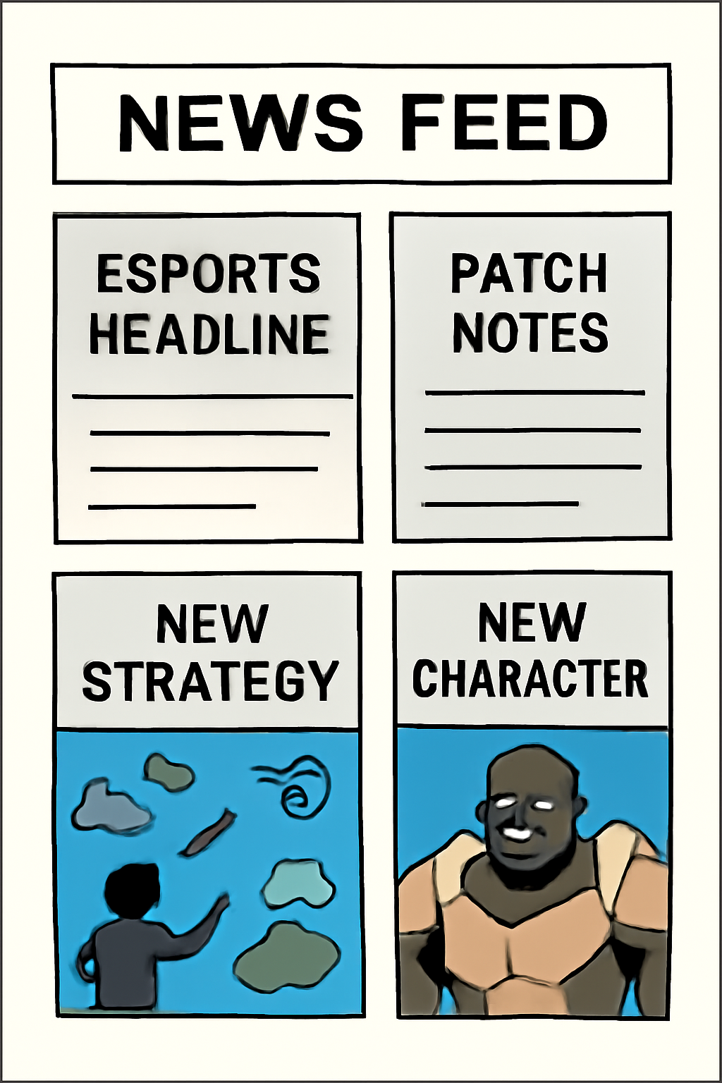A news feed of esports headlines, patch notes, and in-game screenshots showing new strategies or characters.