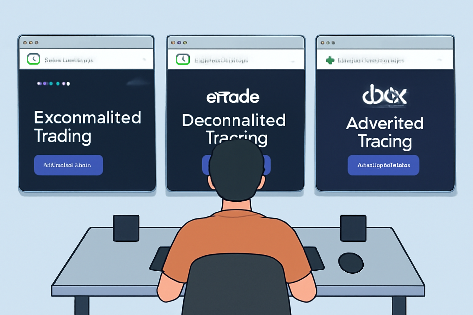 A user sitting at a desk with three computer screens, each displaying the homepages of Synthetix, gTrade, and dYdX, with security icons and browser address bars highlighted, digital illustration.