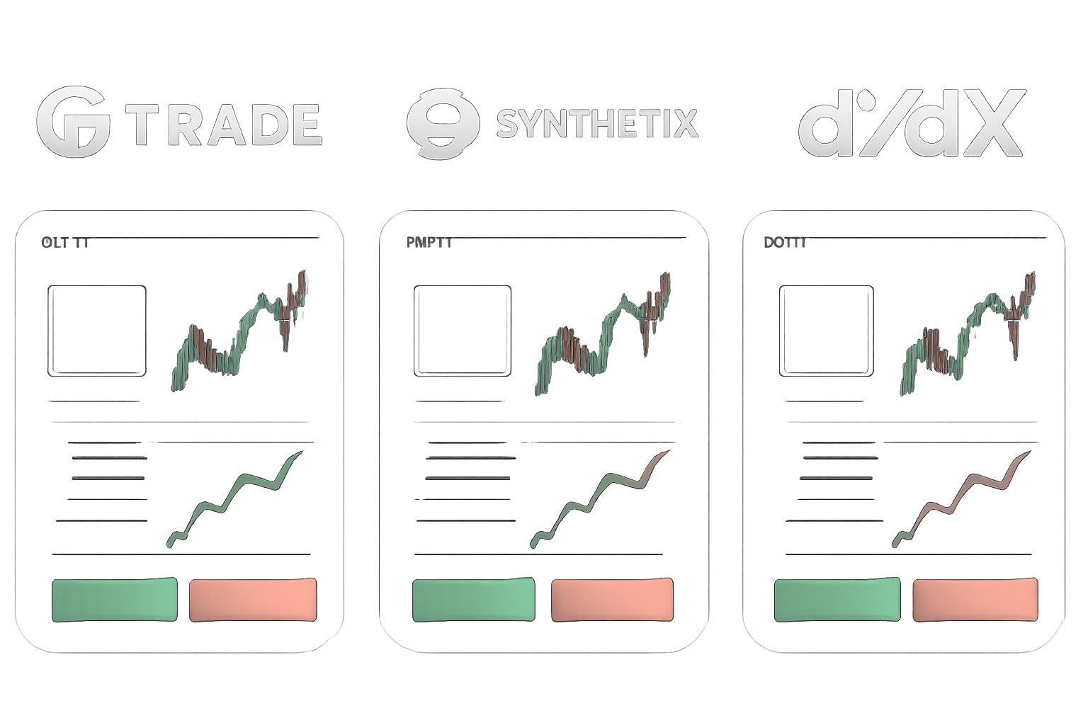 A split-screen interface showing logos of gTrade, Synthetix, and dYdX with trading dashboards.