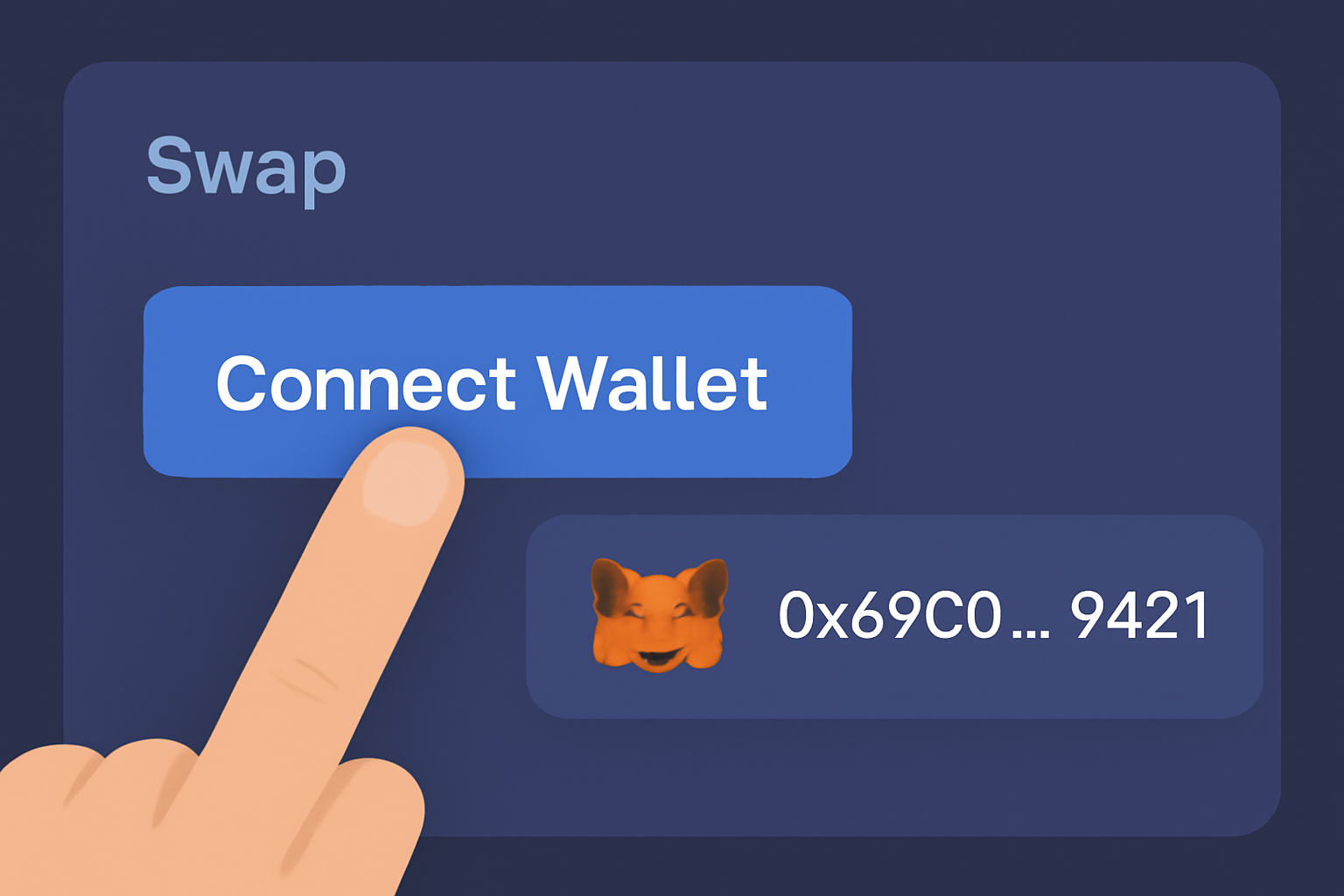 A close-up of a digital 'Connect Wallet' button being clicked, with a MetaMask fox logo and a wallet address appearing on the DEX interface, clean UI, digital art.