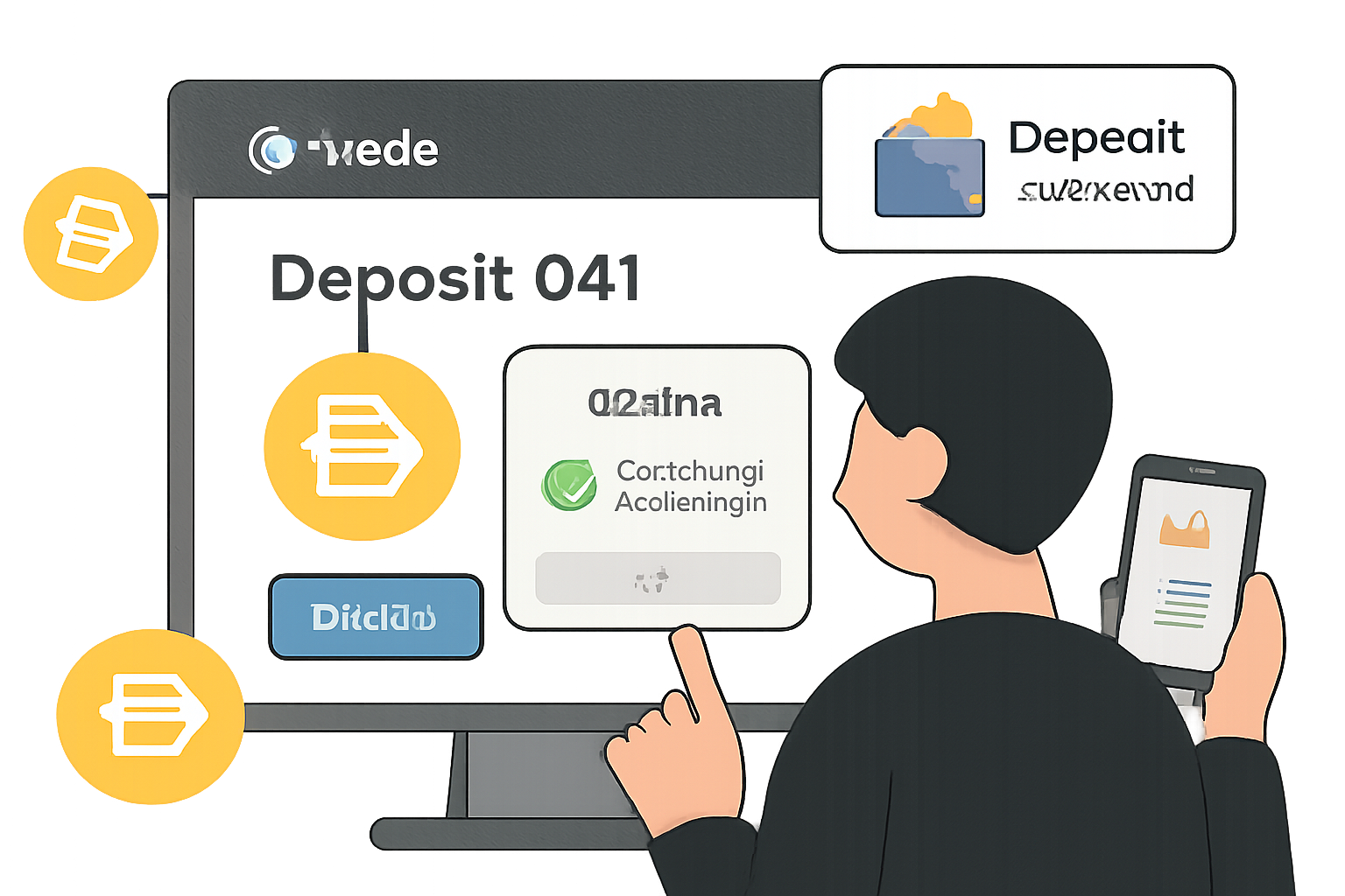 A user depositing DAI into the gTrade platform, showing a confirmation pop-up and a wallet notification, with DAI coin icons, digital style.