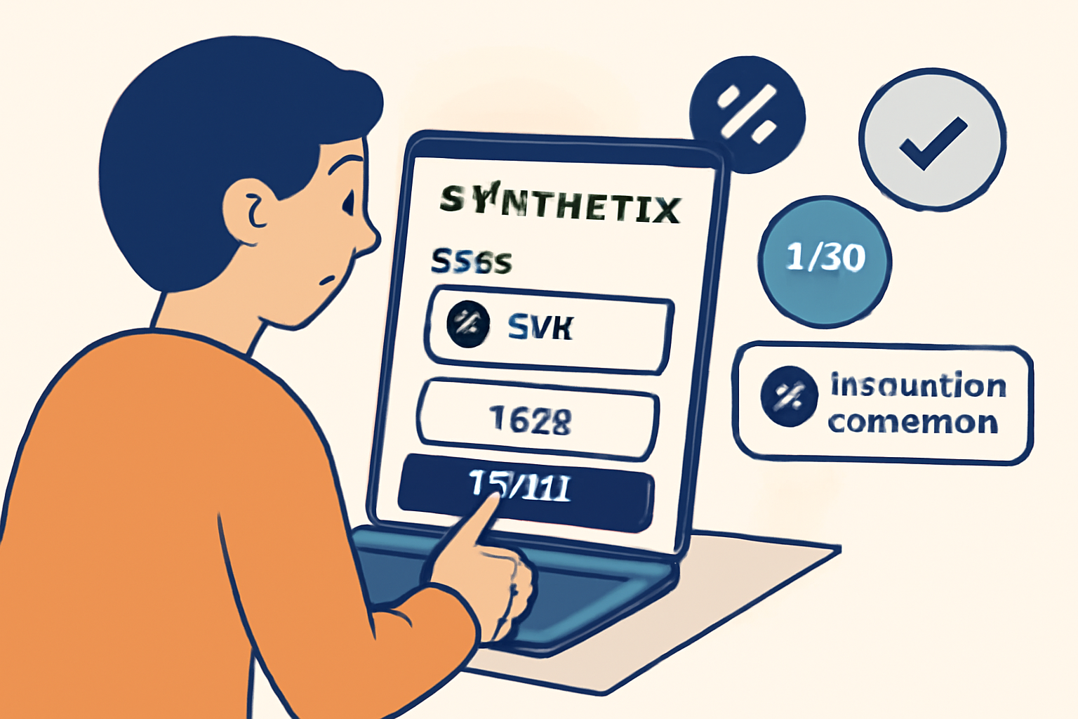 A person staking SNX tokens on the Synthetix interface, with SNX and sUSD tokens visible, and a blockchain transaction confirmation, digital illustration.