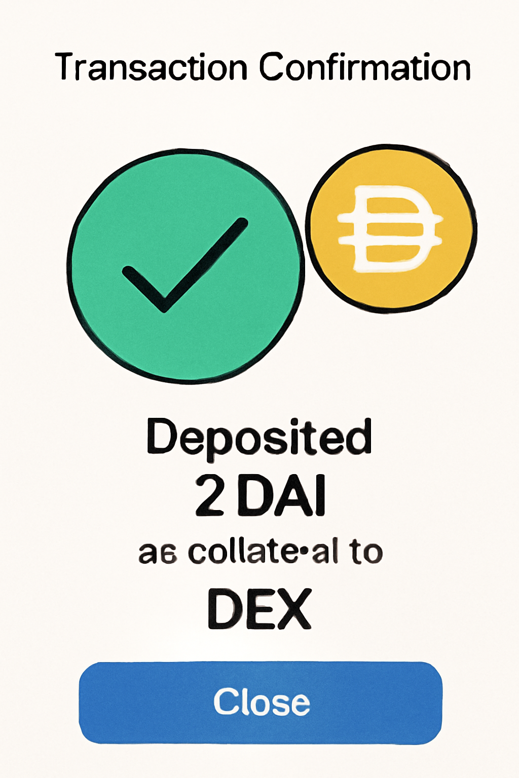 A transaction confirmation screen showing DAI or SNX being deposited as collateral on a DEX.