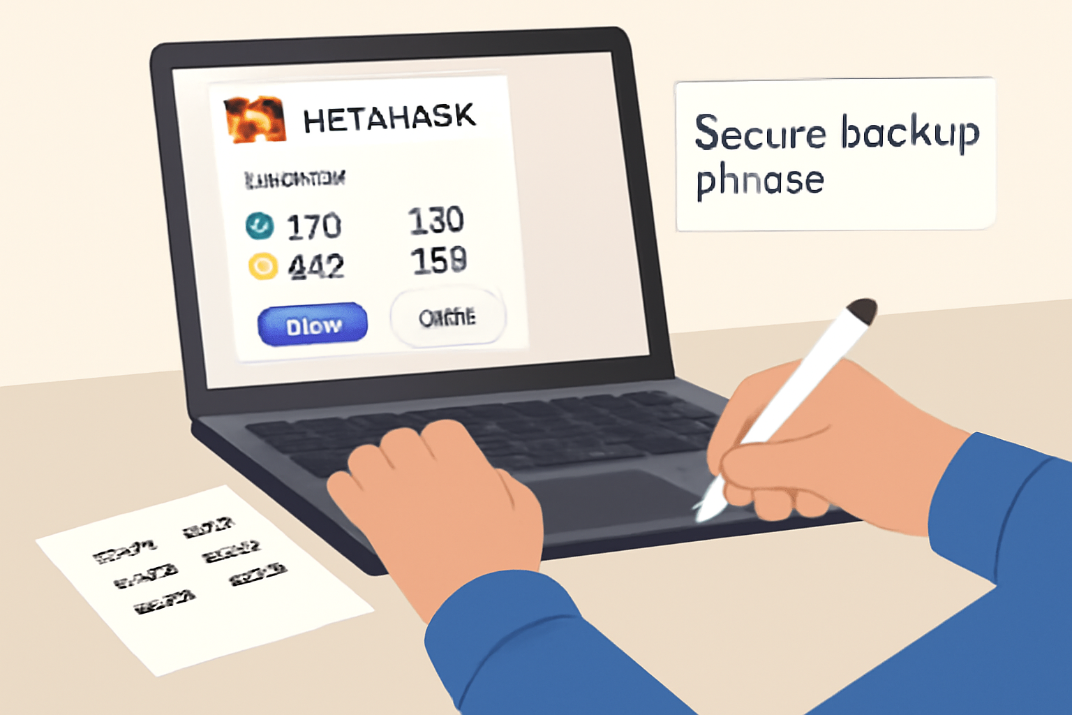 A person setting up MetaMask wallet on a laptop, showing the wallet interface with ETH and DAI balances, and a secure backup phrase being written down, digital art, clear and modern style.