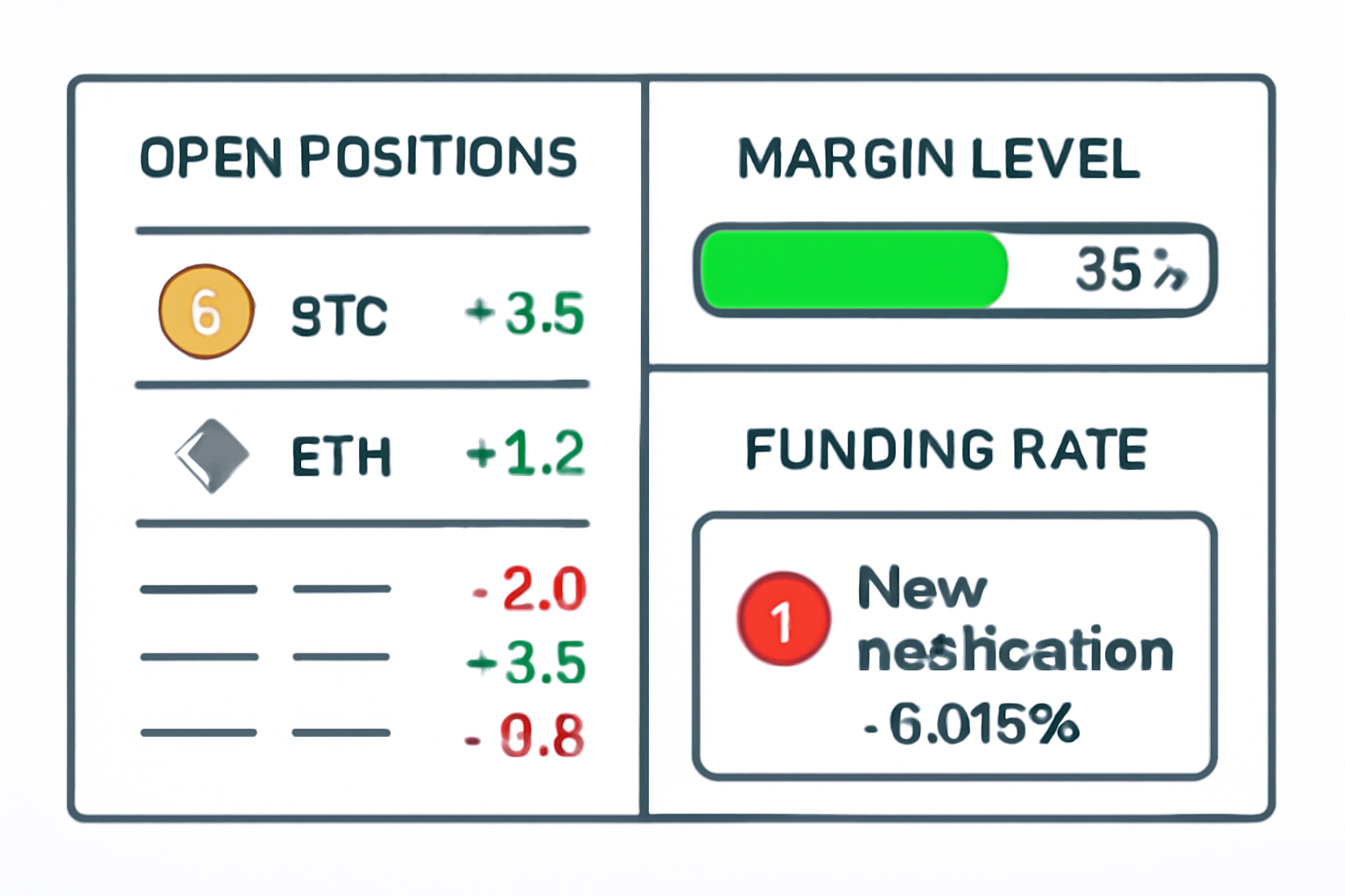 A dashboard displaying open positions, margin levels, and funding rate notifications.
