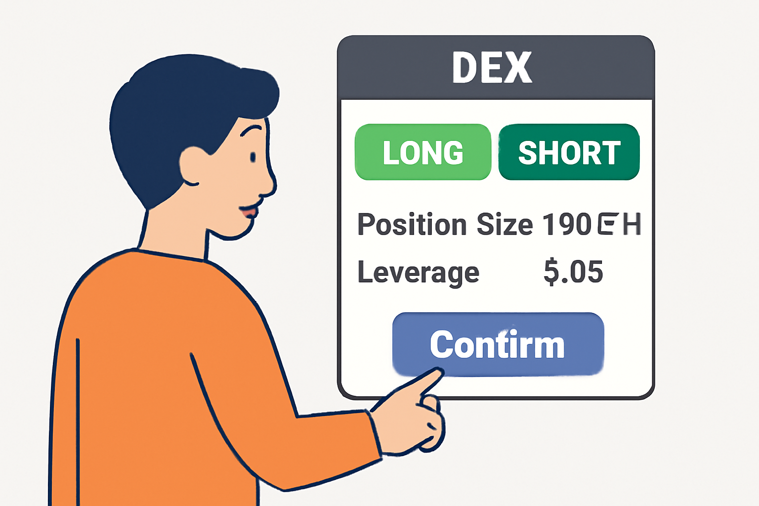 A user confirming a long or short trade order on a DEX, showing position size and leverage details.