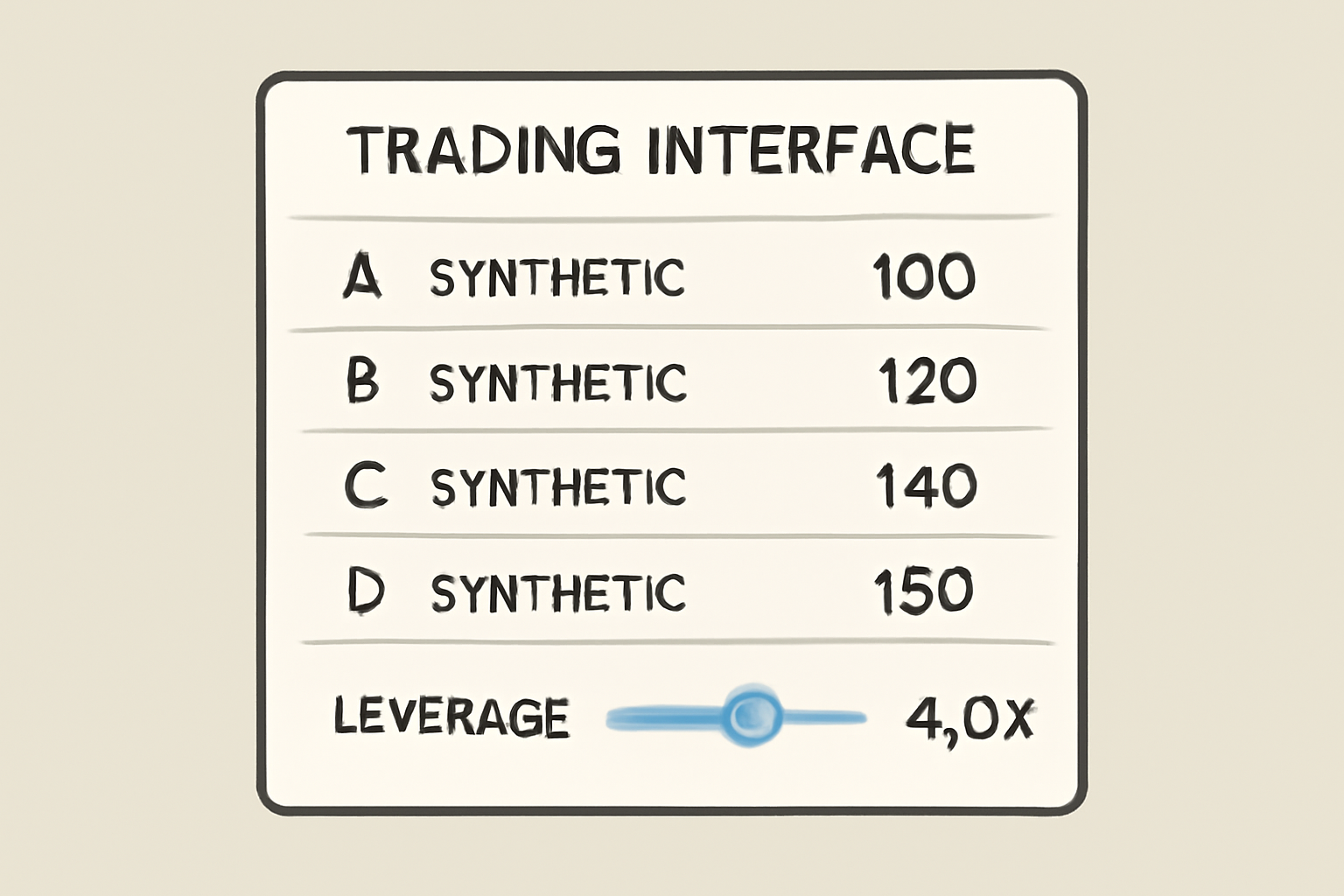 A trading interface with a list of synthetic stocks and a leverage slider set to a chosen value.