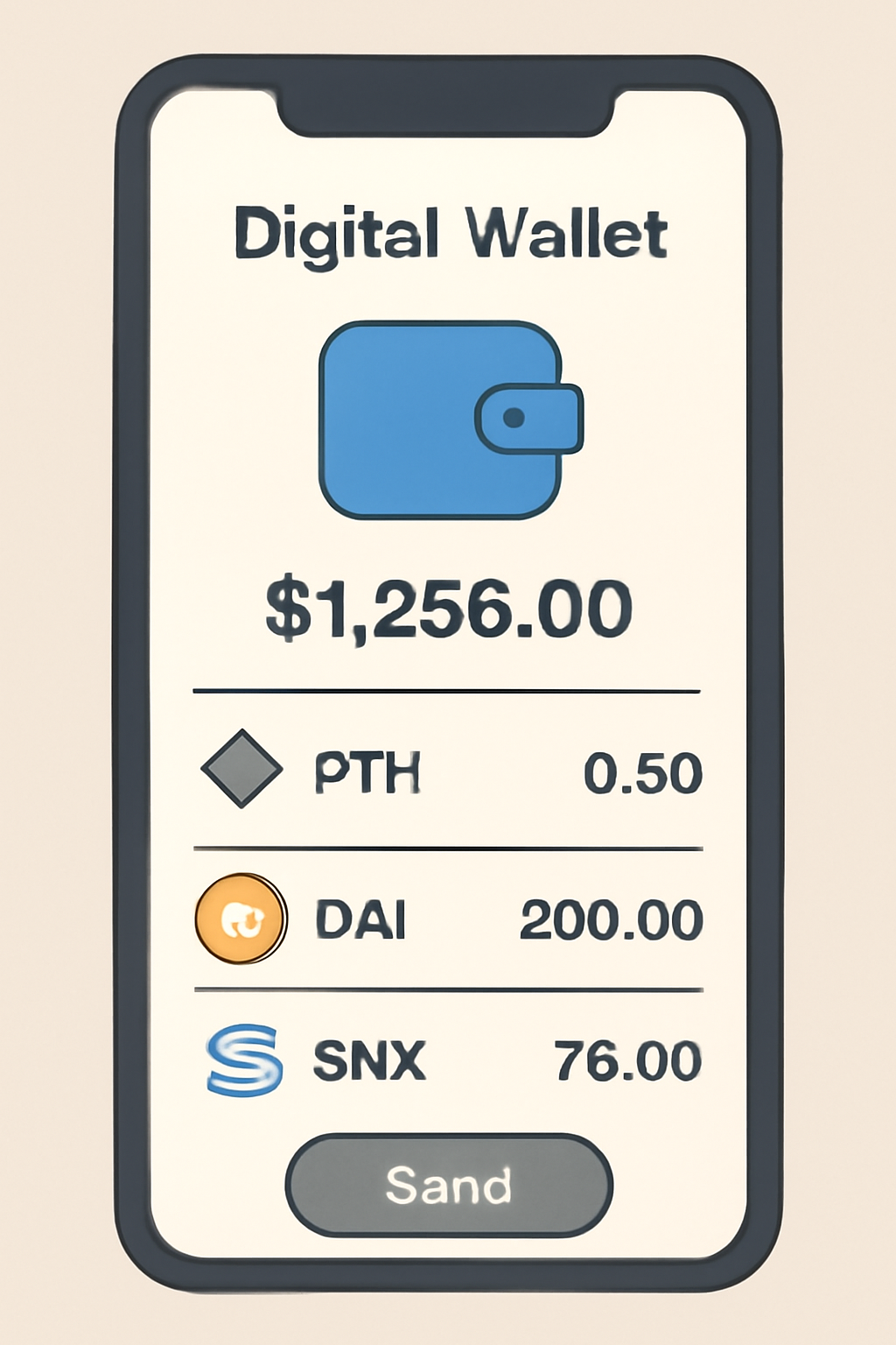 A digital wallet app with ETH, DAI, and SNX balances, ready for use.