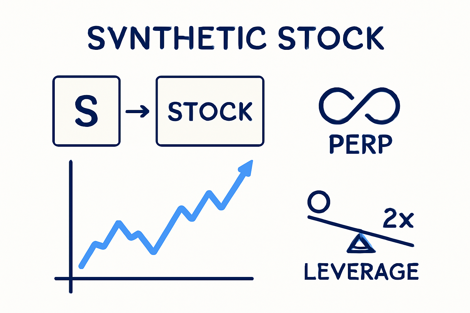 A digital chart showing a synthetic stock price mirroring a real-world stock, with perpetual contract symbols and leverage icons.