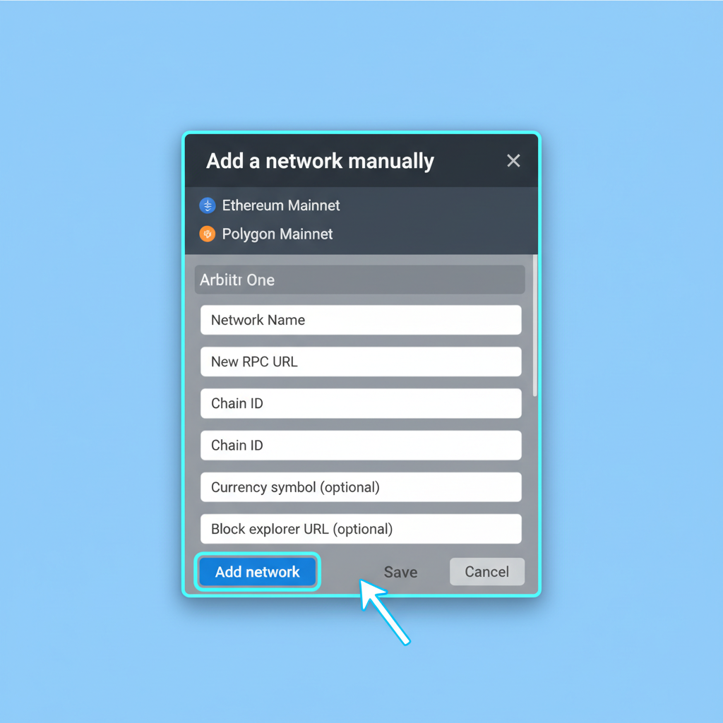 MetaMask add network button highlighted, form fields ready for input