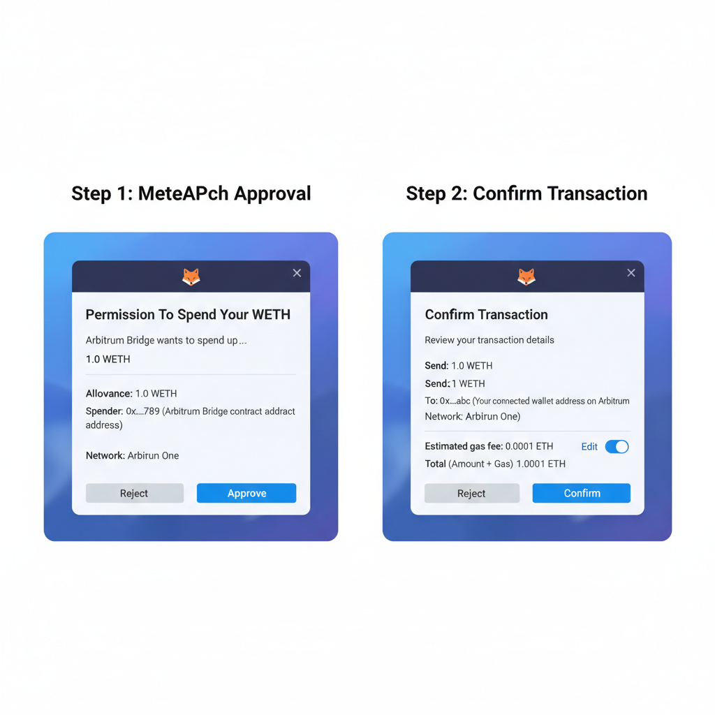 MetaMask approval and confirm screens for Arbitrum bridge tx, transaction details visible