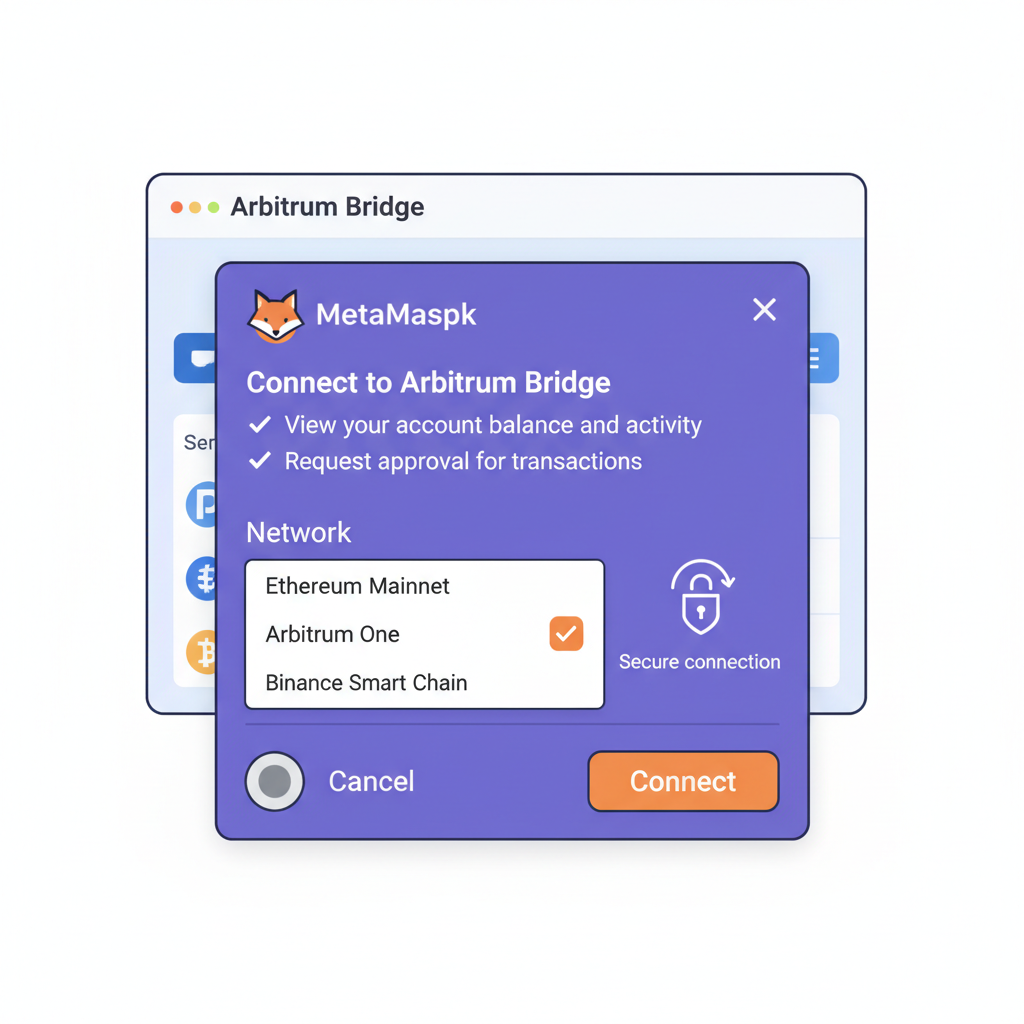 MetaMask wallet connection popup on Arbitrum bridge, Ethereum mainnet selected, secure connection illustration