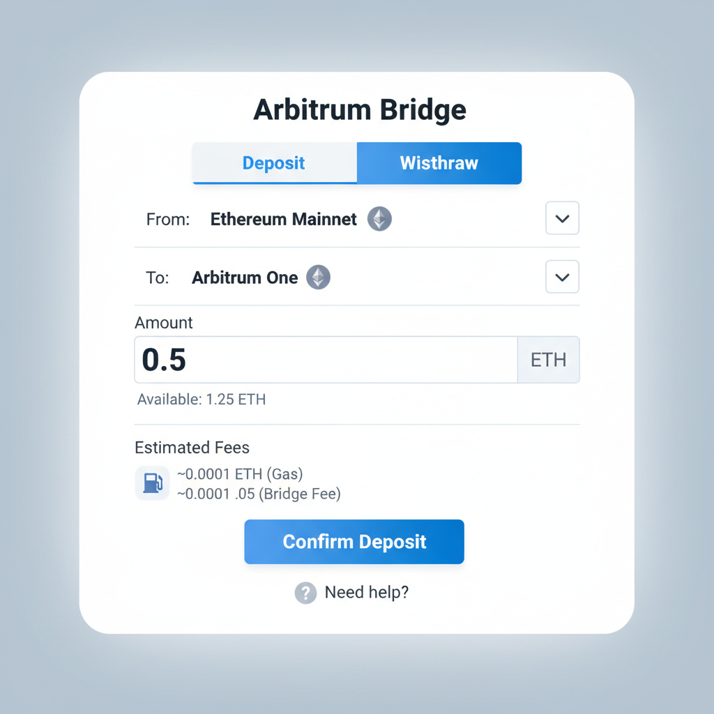 Arbitrum bridge deposit form with ETH input field, amount entered, fee preview, simple interface