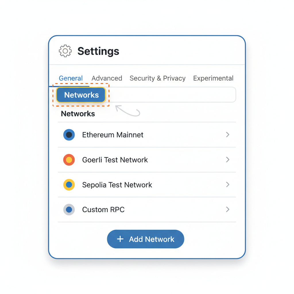 MetaMask settings menu open to Networks tab, simple interface highlight